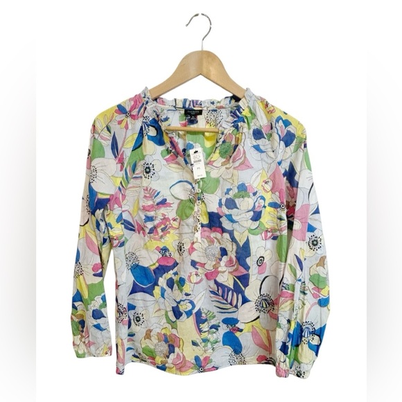Talbots Blouse Ruffle S Trim Popover Top Colorful Floral Cotton Long Sleeve NWT - Picture 2 of 9
